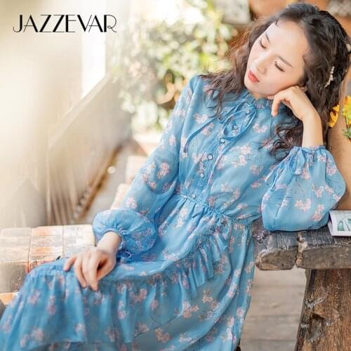JAZZEVAR 2021 Summer New Womens Elegant Blue Floral Print Chiffon Dress Female Prairie Chic Style Ruffles Lady Long Dresses