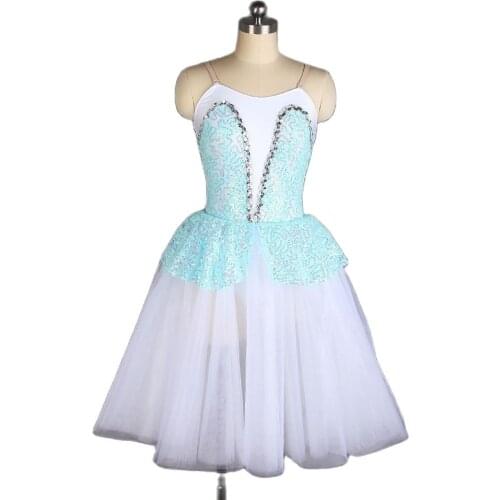 All For Dance Sky Blue Sequin With White Spandex Top Bodice Ballet Girls&Women Stage Dance Wear Ballet Dance Long Dress