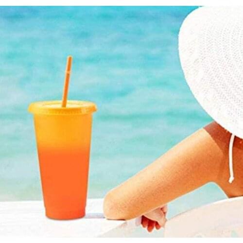 5pcs Reusable Plastic Water Bottle Temperature Color Changing Cold Cup 710ml Magical Tumbler Juice Coffee With Straws And Lid