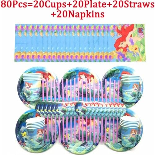 50/80Pcs Disney Mermaid Ariel Birthday Party Decor Kids Girl Disposable Party Supplies Happy Birthday Plates Cups Straws Napkins