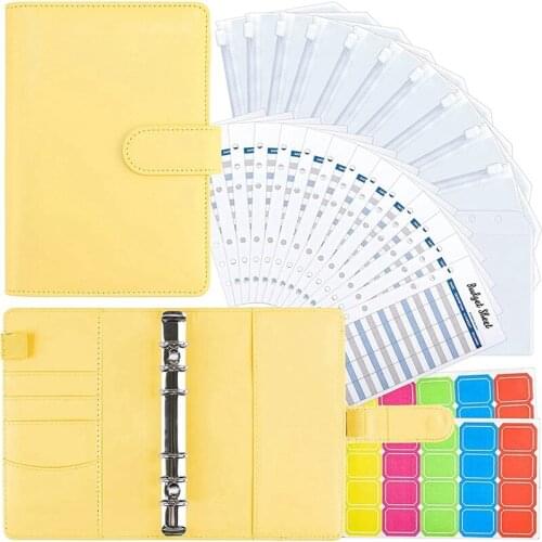 A6 PU Leather Binder Cover with Binder Pockets, Expense Budget Sheets and Labels for Budget Organizer Envelopes (Yellow)