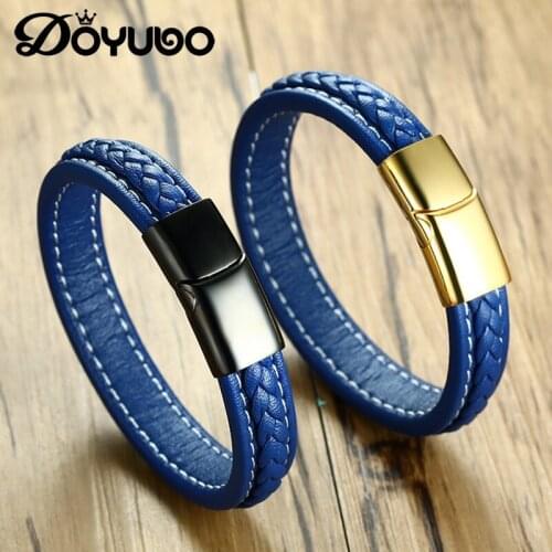DOYUBO Brand Design Male Blue Genuine Leather Bangle With Stainless Steel Button High Qulity Mens Fashion Leather Jewelry DD075