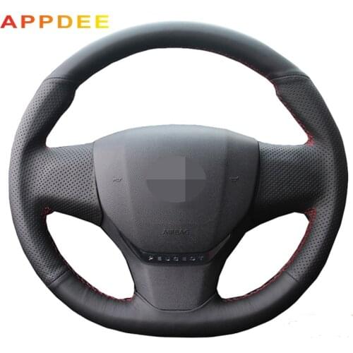 Handsewing Black Artificial Leather Steering Wheel Covers for Peugeot 408 2014 2015
