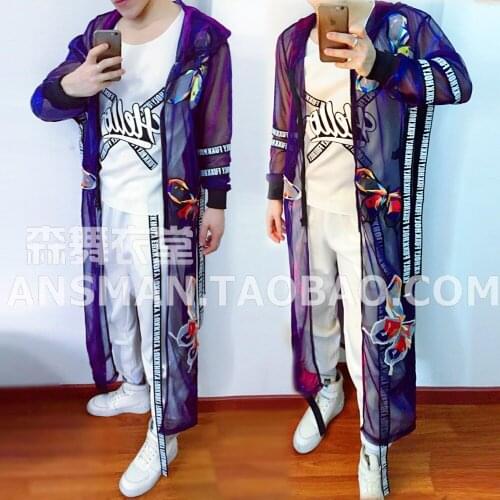 Personality Mens fashion Coloured Purple flash long cloak costumes Nightclub Male Singer dancer party show hip-hop stage wear
