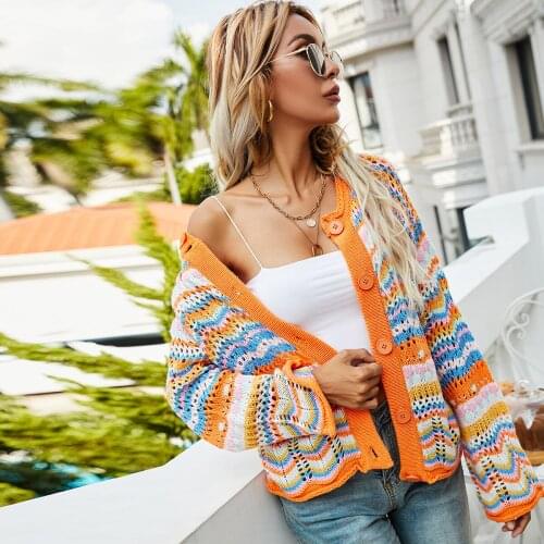 Puloru New Women Colorful Striped Knitted Cardigan Coats Fashion Casual Long Sleeve Button Crochet Outerwear for Spring Fall