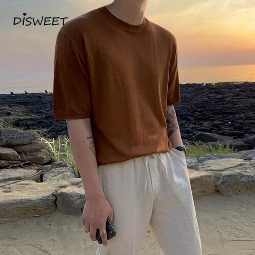 Korean Knitted Round Neck T-shirt Man Fashionable Solid Loose Summer Tees Mens Casual Slim-fit Khaki Boy Top 2020