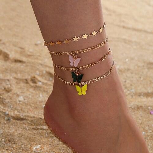 KSRA 4pcs Boho Colorful Acrylic Butterfly Anklet Set for Women Star Multilayer Foot Chains Female Beach Jewelry Accessories
