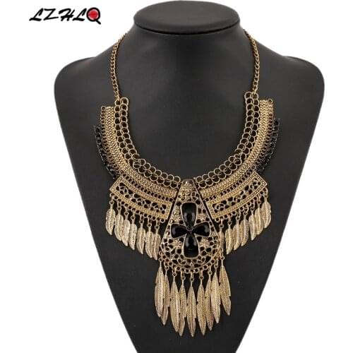 LZHLQ Vintage Alloy Hollow Pattern Resin Necklace Multilayer Leaf Tassel Clavicle Necklaces Geometric Brand Jewelry Accessories