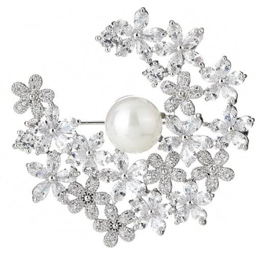Copper Micro Inlaid Zircon Flower Ball Pearl CZ Brooch Hijab Pin All-match Clothing Delicate Jewelry Accessories New Trendy Gift