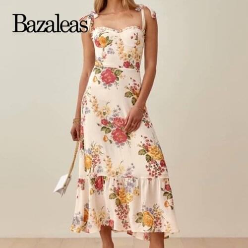 Bazaleas Cute Sweetheart Neckline Floral Print Ruffle Edged Hem Vestidos Vintage Adjustable Tie Straps Midi Women Dress