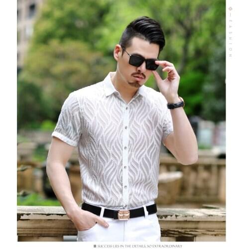 Short Sleeve Mens Summer Sexy Party Transparent Black White See Through Slim Fit Thin Silk Shirt Soft Comfortable