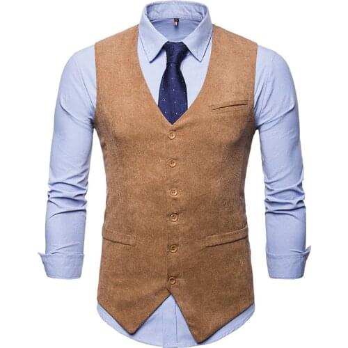 Mens Corduroy Vest Khaki V Neck Solid Color Single Breasted Slim Fit For Formal Casual Daily Waistcoat Men Clothing 2021