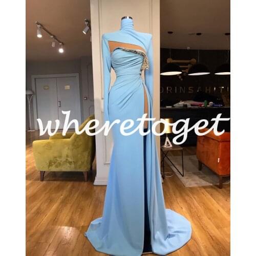 Sky Blue Formal Evening Dresses 2021 Sexy High Neck Long Sleeves Front Split Plus Size Arabic Women Prom Gowns