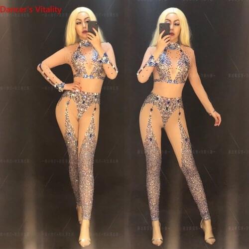 Nightclub Bar Western Women Model Show DJ Singer False Perspective Low-cut Rhinestone Sexy Body Suit Performance Elastic Costume