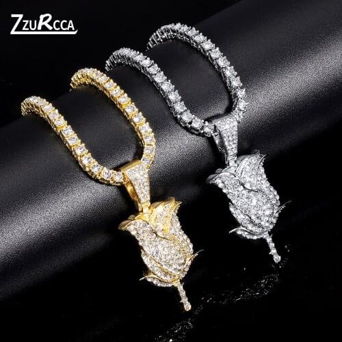 Iced Out Rose Flower Pendant Necklace Bling Rhinestone Tennis Chain Crystal Necklace for Women collares para mujer