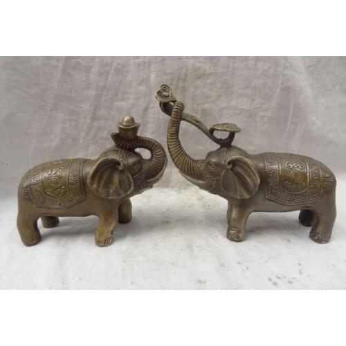 Song voge gem S2634 Chinese Bronze Wealth YuanBao RuYi Flower Animals Elephant Heffalump Statue Pair