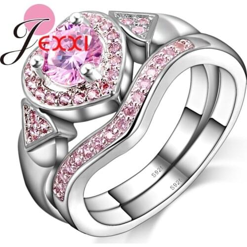 Romantic Fashion Pink Cubic Zirconia Wedding Rings Set For Women 925 Sterling Silver Engagement Proposal Rings