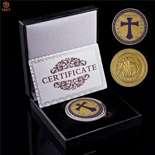 Mason Purple Knights Templar Crusaders Masonic Freemason Gold Plated Metal Commemorative Coin W/Luxury Box