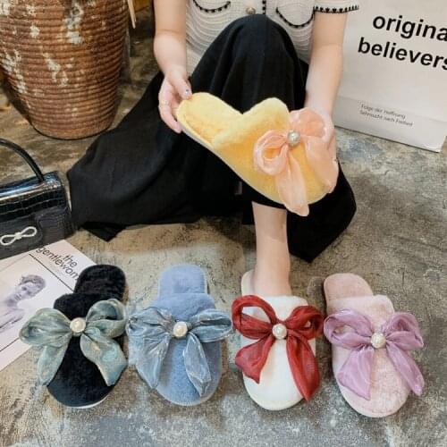 Womens shoes fashion lovely bow plush slippers winter artificial fur slide soft indoor womens slippers 36-41
