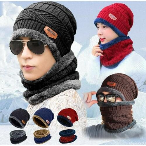 Outdoor Winter Windproof Knitted Hat Scarf Set For Men Warm Thicken Fleece Beanie Hat Scarf Set Solid Knit Ski Cap Ring Scarf