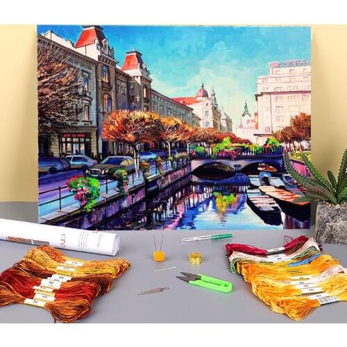 Landscape River Poltva Printed Fabric 11CT Cross-Stitch DIY Embroidery Set DMC Threads Handicraft Sewing Handmade Different