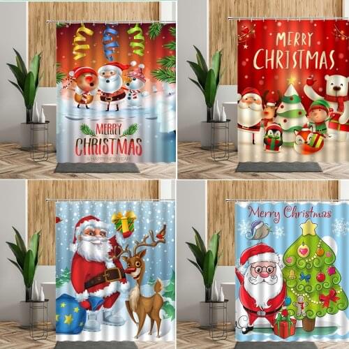 Cartoons Santa Claus Shower Curtain 3D Printed Snowman Elk For Children Merry Christmas Xmas Home Decoration Bathroom Curtains