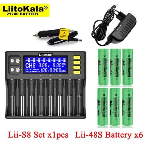 1pcs LiitoKala Lii-S8 Battery Charger for 3.7V 18650 Li-ion 1.2V AA aaa NiMH + 6pcs Lii-48S 21700 4800mAh Rechargeable batteries