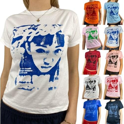 Ladies Summer Short Sleeve T-Shirt Female Creative Figure Printing Round Collar Midriff-baring Tops Slim Base Shirt