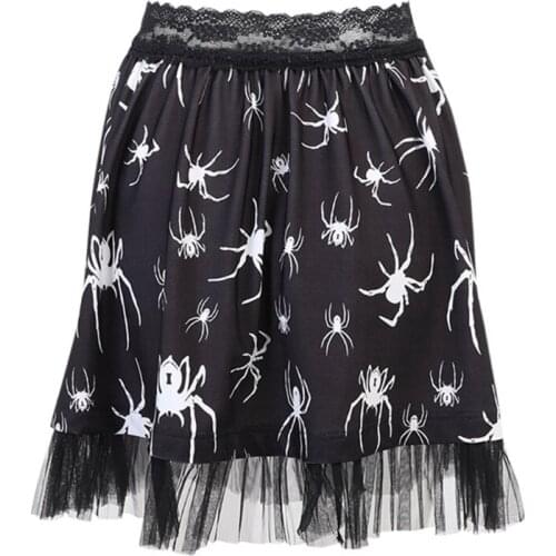Women Gothic Punk Spider Print Black Mini Pleated Skirt Elastic Lace High Waist Mesh Ruffles Hem Harajuku Streetwear