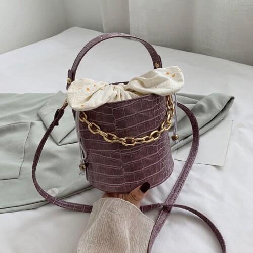 Women Fashion Alligator PU Bucket Bag Women Bow Pouch Chain Shoulder Crossbody Handbag Bucket Leather Casual Shoulder Bag