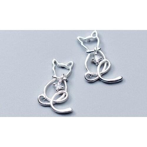 Women 925 Sterling Silver Fashion Jewelry Zircon Sweet Hollow Cat Cute Animal Stud Earrings Female Party Accessories Gifts SE222