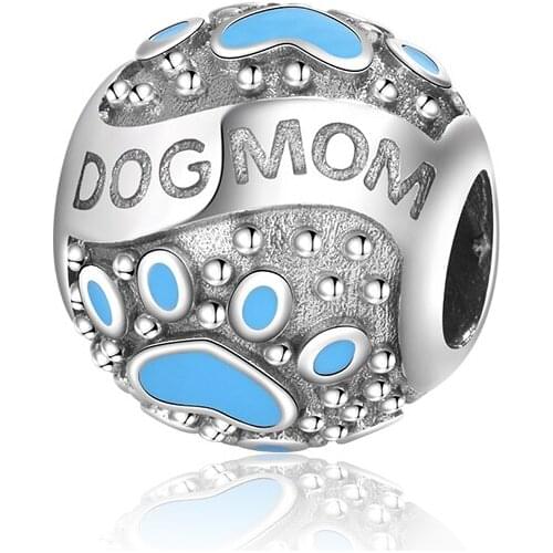 Fine New Fit European Bracelet 925 Sterling Silver Blue Enamel Dog Mom Charms Dog Paw Round Bead for Women Diy Jewelry Gift