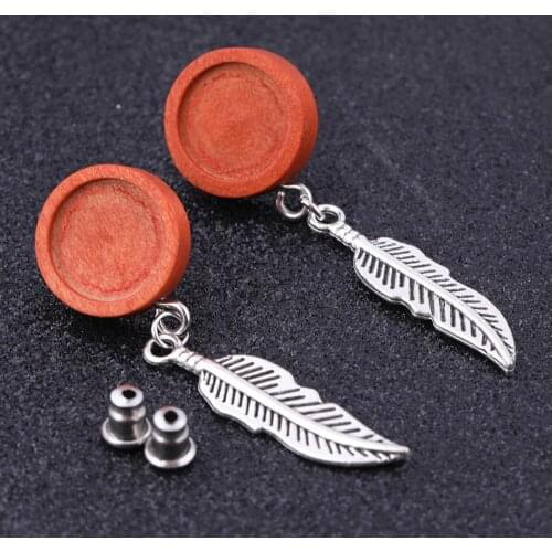 10pcs stud wood earring base blanks 12mm round cabochon setting trays diy post earrings findings with feather charm for making