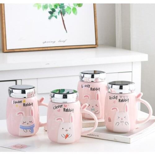 3D relief cartoon cute rabbit ceramic cup creative mirror cover handle office coffee milk cup coffee mug with lid
