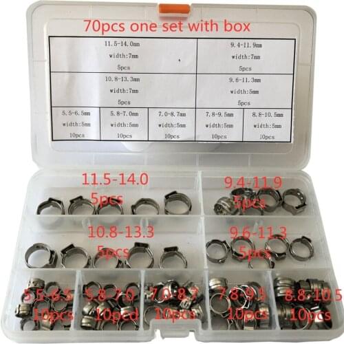 Free shipping Pipe Clamp High Quality 70Pcs one set 304 Stainless Steel Single Ear Stepless Hose Clamps Assortment Kit