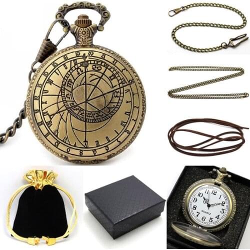Bronze Pattern Compass Quartz Pocket Watch Metal Necklace Leather Chain Box Bag Relogio De Bolso P208CKWB