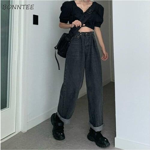 Full Length Jeans Women High Waist Trouser Popular BF Style Stylish Normcore Lady Denim College Teens Pockets Straight Bleached