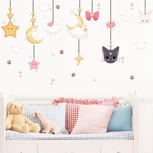 Fine Star Moon Cute Rabbit Cat Hanging Wall Sticker For kid Bedroom Kindergarten Dormitory Decoration Mural Stickers