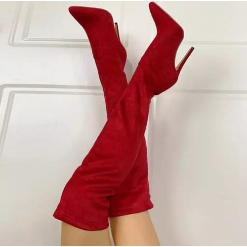 Fashion Sexy Long Boots Women Suede Pointed Toe Over The Knee Boots Thin High Heels Shoes 2021 Women Autumn Winter Red Boot