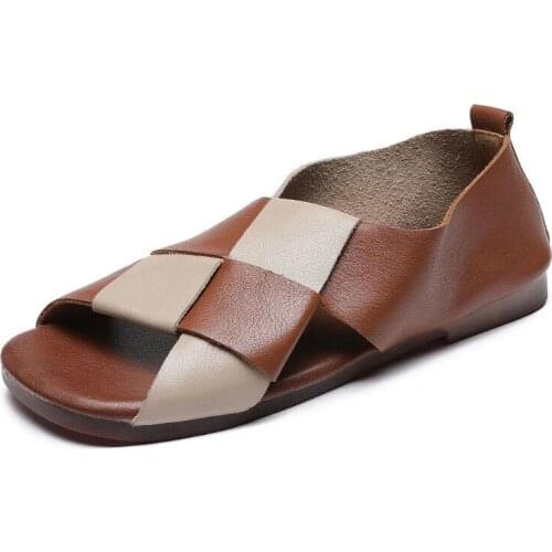 Fashion Weaving Sandals for Women Summer Handmade Retro Shoes 2021 Open Toe Mixed Colors Genuine Leather Gladiator Sandals Mujer