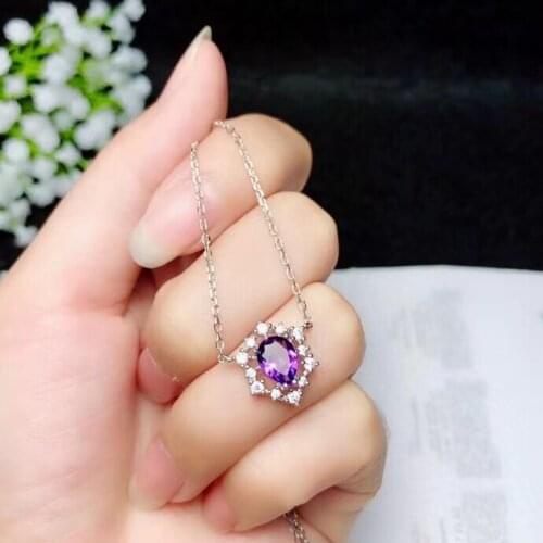 Natural amethyst necklace natural purple crystal pendant necklace S925 silver Elegant geometry Water drop girl gift jewelery