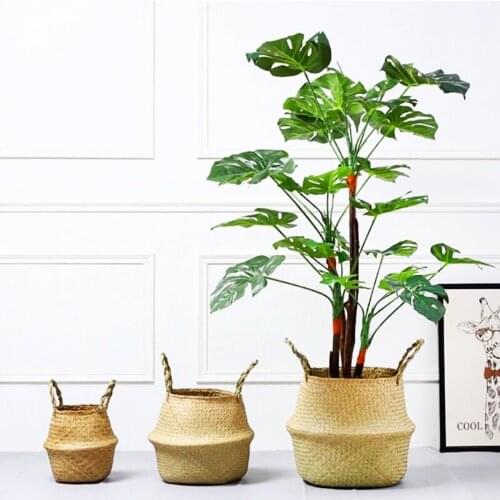 Foldable Natural Seaweed Woven Storage Pot Garden Flower Vase Hanging Basket