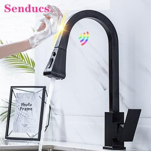Square Touch Kitchen Tap Senducs Black Bronze Pull Out Kitchen Mixer Faucets Hot Cold Smart Touch Control Sensor Kitchen Faucets