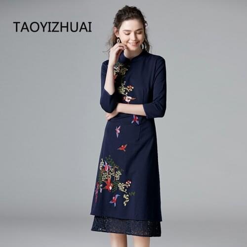 Improved embroidery large size dress for women spring and Autumn New Chinese style retro fashionable slim lace skirt 100kg