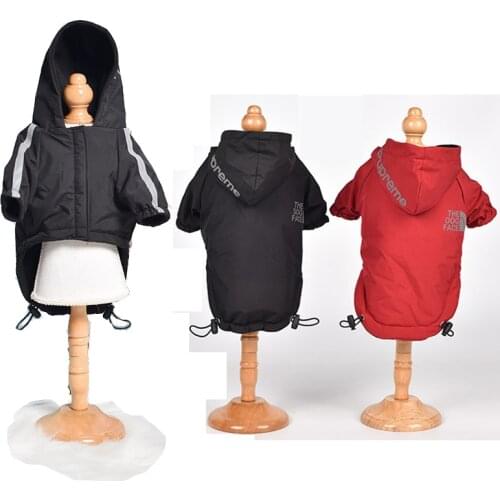 Waterproof Dog Coat Reflective Warm Fleece Dog Jacket Thicken Winter Dog Clothes Hooded Letters Red Black Dog Raincoat Jacket
