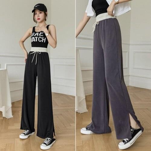 High Quality 2021 Spring Summer Wide Leg Ice Silk Pants Women High Waist Loose Casual Long Stacked Slit Pants Womens Trousers