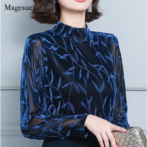 Bright Silk Autumn 2021 New Fashion Mesh Blouse Women Print Half High Collar Long Sleeve T-shirt Elegant Sexy Slim Tops 16736