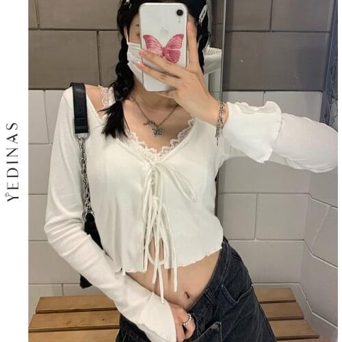 Yedinas Sexy Y2k Vintage Tops V-neck Knitted Top Women Summer Autumn Lace Up White Cardigan Thin Long Sleeve Cardigan Kintted