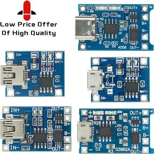 Type-c/Micro/Mini USB 5V 1A 18650 TP4056 Lithium Battery Charger Module Charging Board With Protection Dual Functions 1A Li-ion