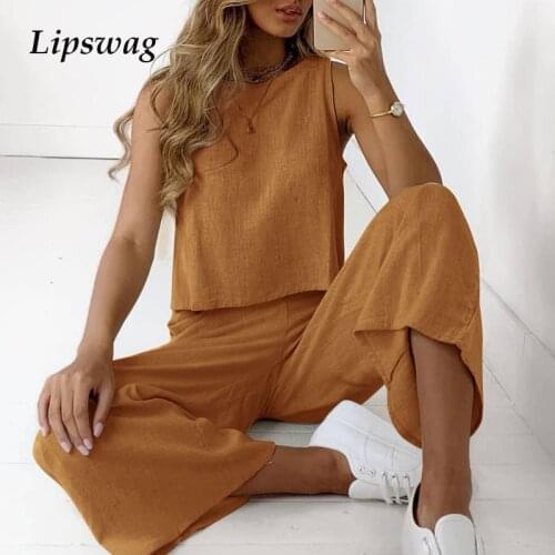 2021 Summer Cotton Linen Women Two Piece Sets Sexy O-neck Sleeveless Shirt and Wide Leg Pants Suit Casual Solid Casual Outfits